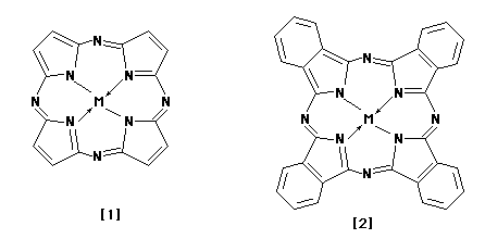 The basic structure of tetrazaporphorin [1] and phthalocyanine [2].